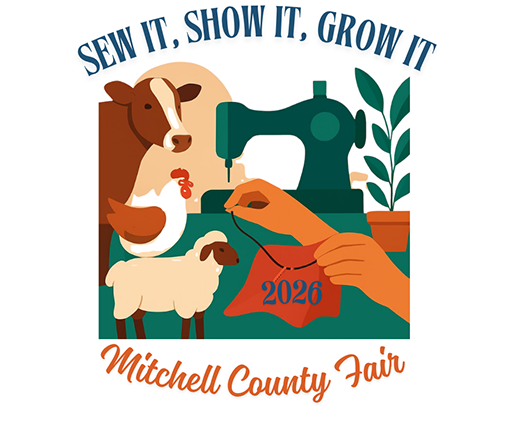 Mitchell County Fair Logo, Sew it, Show it, Grow it. Illustration with animals, sewing machine and plant growing