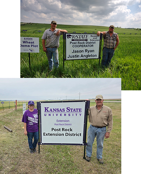 Wheat Test Plot Cooperators standing by a K-State Post Rock District Cooperator sign with Sandra Wick the Post Rock District Crop Production Agent